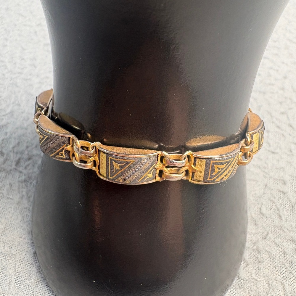 Vintage Spanish Damascene Panel Link Bracelet Gold Silver Tone Geometric Toledo